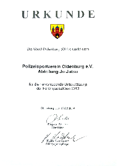 Urkunde der Stadt Oldenburg als Dank für die hervorragende Unterstützung.