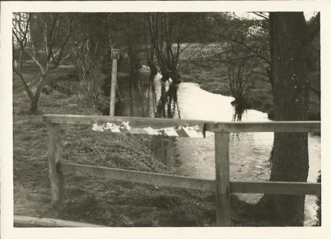 Malerischer Blick von der Holzbrücke auf die Hochwasser führende Bäke, Aufnahme vom Mai 1965. Links oben in der Ecke erkennt man die helle Wand eines der Wohnblöcke an der Fröbelstraße. Rechts hinten befindet sich jetzt ein schöner kleiner Park, der leider durch ein Bauvorhaben bedroht ist.