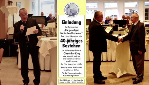 Links: Gerold Siemer eröffnet den Festnachmittag und lässt die 40 Jahre kurz Revue passieren. – Rechts: Arthur Höpken wird die Ehrenurkunde überreicht und zum Ehrenmitglied ernannt.