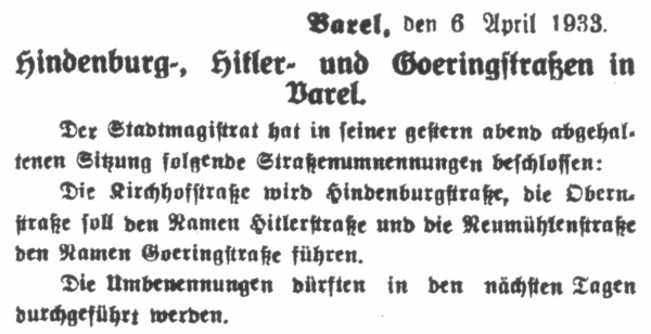 Artikel zur Straßenbenennung, April 1933, 