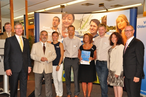 von links, Volksbank-Vorstand Reinhard Nannemann, Staatssekretär und Schimherr Thomas Kossendey, Botschafterin Ruth Spelmeyer, Detlef Rahrt, Veronika Kneifel, Thomas Krause, Petra Lausch, Volksbank-Vorstand Matthias Osterhues. Fotograf Axel Eickhorst
